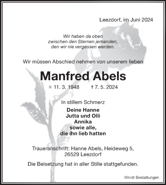 Traueranzeige von Manfred Abels von Ostfriesischer Kurier GmbH