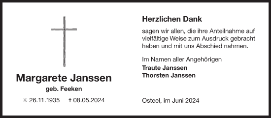 Traueranzeige von Margarete Janssen von Ostfriesischer Kurier GmbH