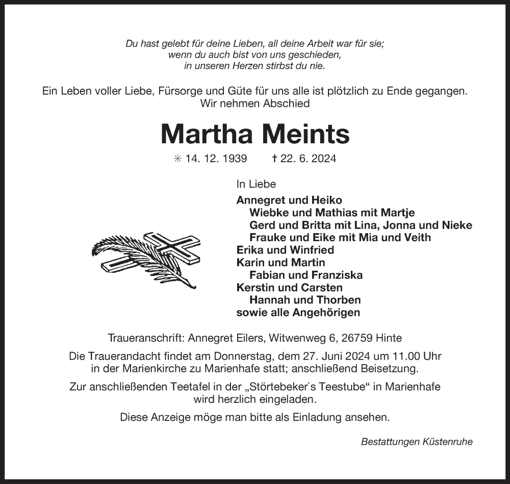  Traueranzeige für Martha Meints vom 26.06.2024 aus Ostfriesischer Kurier GmbH