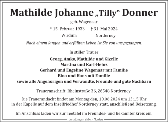 Traueranzeige von Mathilde Johanne Donner von Ostfriesischer Kurier GmbH