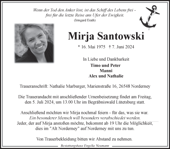 Traueranzeige von Mirja Santowski von Ostfriesischer Kurier GmbH