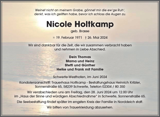 Traueranzeige von Nicole Holtkamp von Ostfriesischer Kurier GmbH
