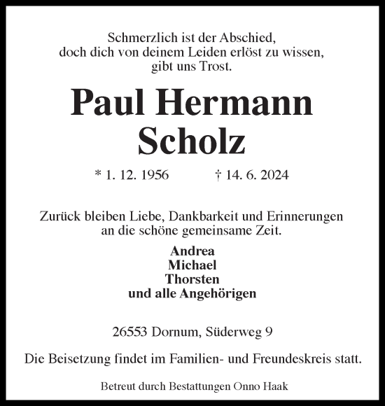 Traueranzeige von Paul Hermann Scholz von Ostfriesischer Kurier GmbH