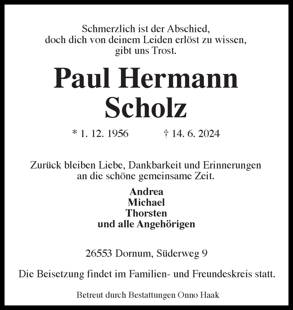  Traueranzeige für Paul Hermann Scholz vom 18.06.2024 aus Ostfriesischer Kurier GmbH