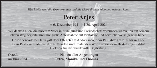 Traueranzeige von Peter Arjes von Ostfriesischer Kurier GmbH