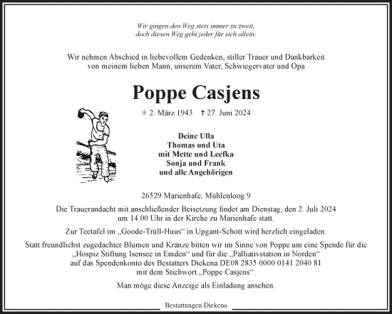 Traueranzeige von Poppe Casjens von Ostfriesischer Kurier GmbH