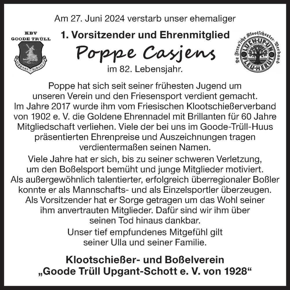  Traueranzeige für Poppe Casjens vom 29.06.2024 aus Ostfriesischer Kurier GmbH