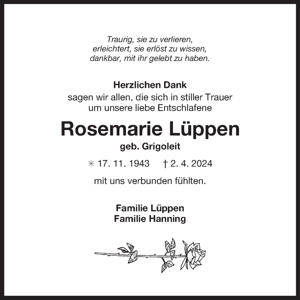  Traueranzeige für Rosemarie Lüppen vom 04.06.2024 aus Ostfriesischer Kurier GmbH