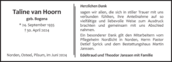 Traueranzeige von Taline van Hoorn von Ostfriesischer Kurier GmbH