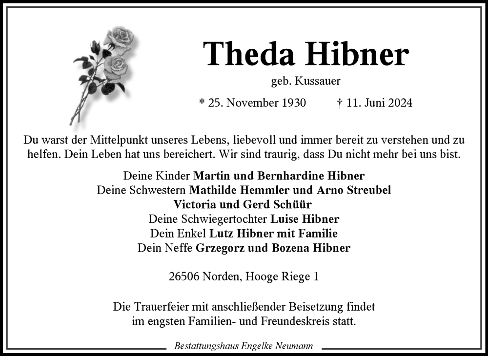  Traueranzeige für Theda Hibner vom 15.06.2024 aus Ostfriesischer Kurier GmbH