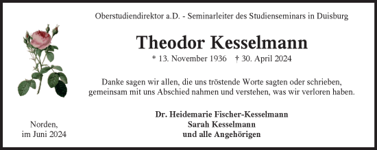 Traueranzeige von Theodor Kesselmann von Ostfriesischer Kurier GmbH