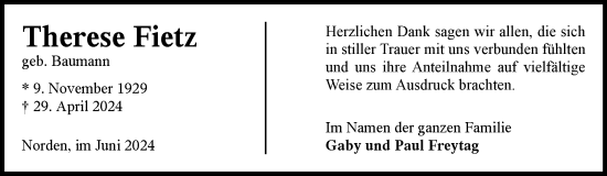 Traueranzeige von Therese Fietz von Ostfriesischer Kurier GmbH