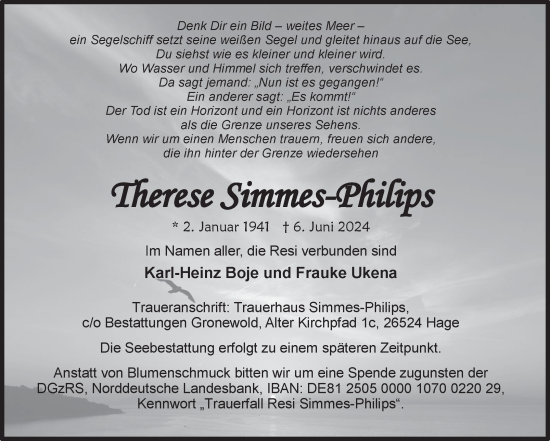 Traueranzeige von Therese Simmes-Philips von Ostfriesischer Kurier GmbH