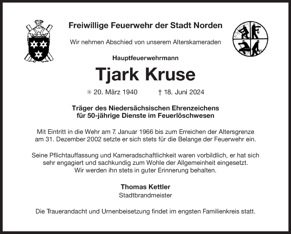  Traueranzeige für Tjark Kruse vom 25.06.2024 aus Ostfriesischer Kurier GmbH