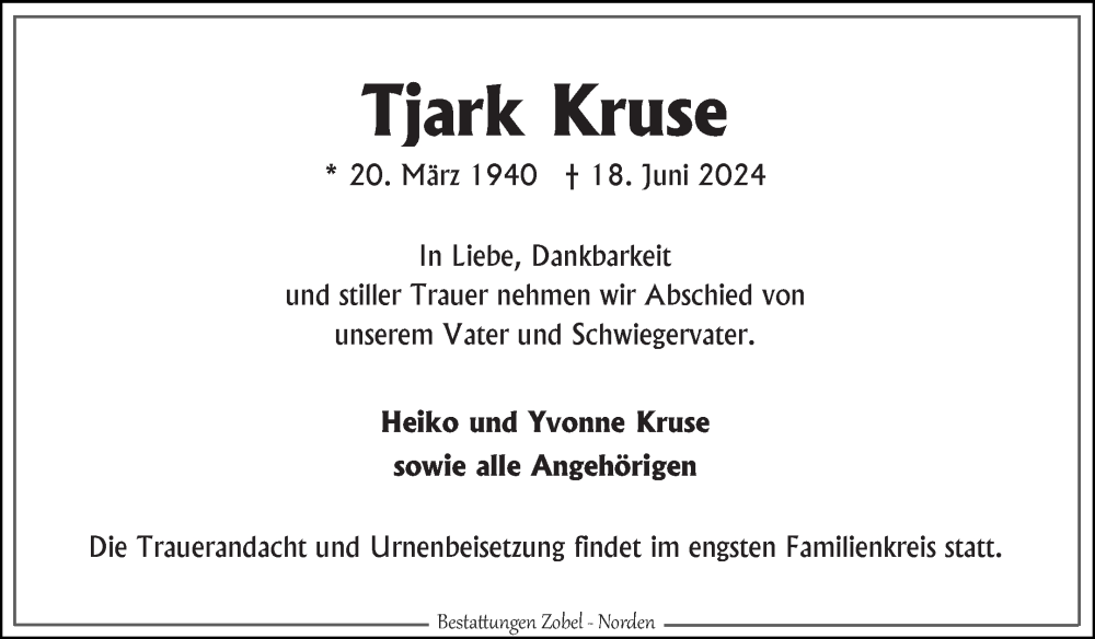  Traueranzeige für Tjark Kruse vom 22.06.2024 aus Ostfriesischer Kurier GmbH