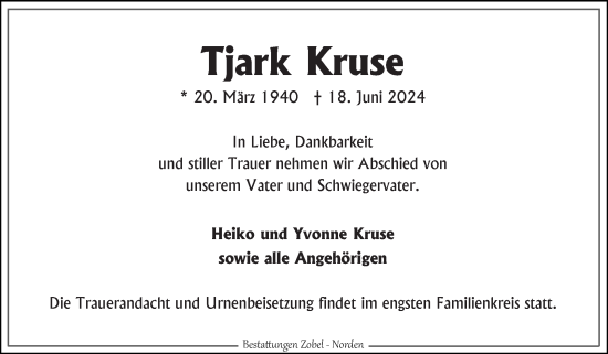 Traueranzeige von Tjark Kruse von Ostfriesischer Kurier GmbH