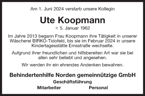 Traueranzeige von Ute Koopmann von Ostfriesischer Kurier GmbH