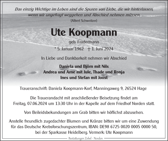 Traueranzeige von Ute Koopmann von Ostfriesischer Kurier GmbH
