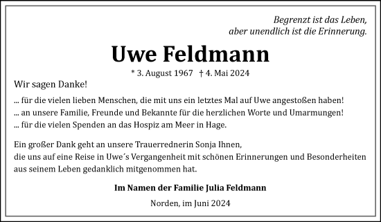 Traueranzeige von Uwe Feldmann von Ostfriesischer Kurier GmbH