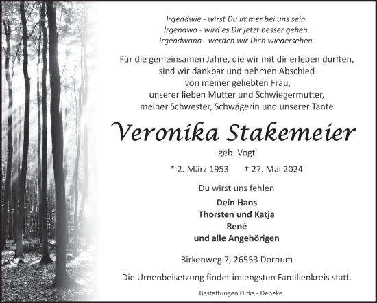 Traueranzeige von Veronika Stakemeier von Ostfriesischer Kurier GmbH