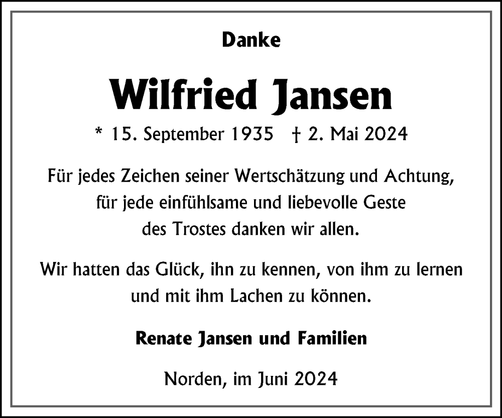  Traueranzeige für Wilfried Jansen vom 15.06.2024 aus Ostfriesischer Kurier GmbH