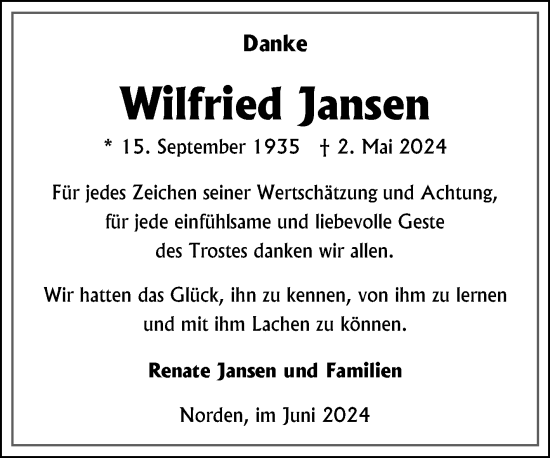 Traueranzeige von Wilfried Jansen von Ostfriesischer Kurier GmbH
