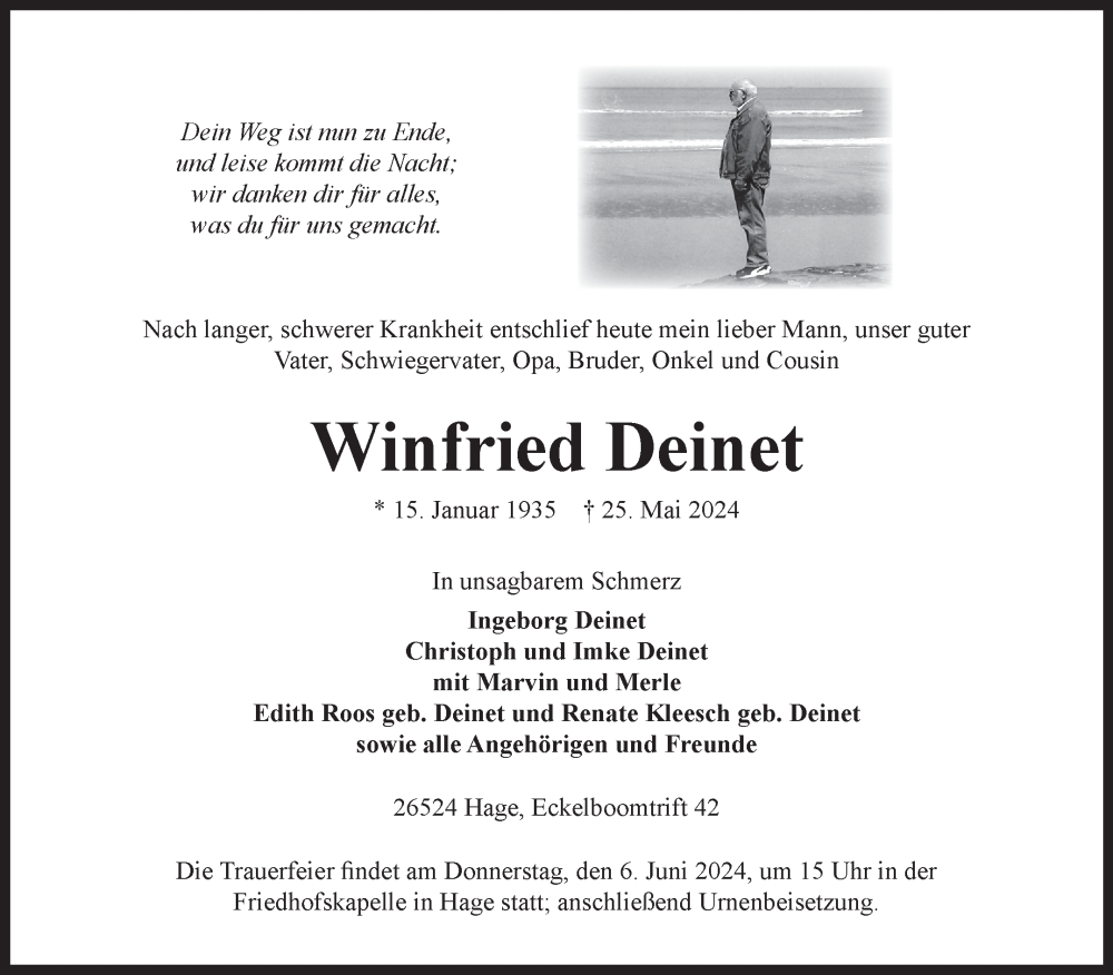  Traueranzeige für Winfried Deinet vom 01.06.2024 aus Ostfriesischer Kurier GmbH