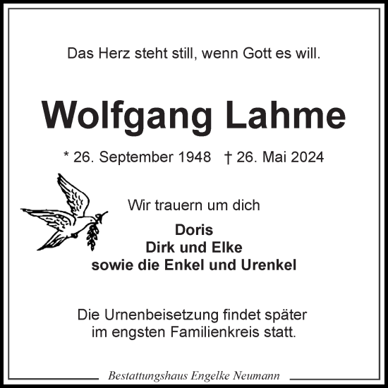 Traueranzeige von Wolfgang Lahme von Ostfriesischer Kurier GmbH