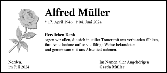 Traueranzeige von Alfred Müller von Ostfriesischer Kurier GmbH