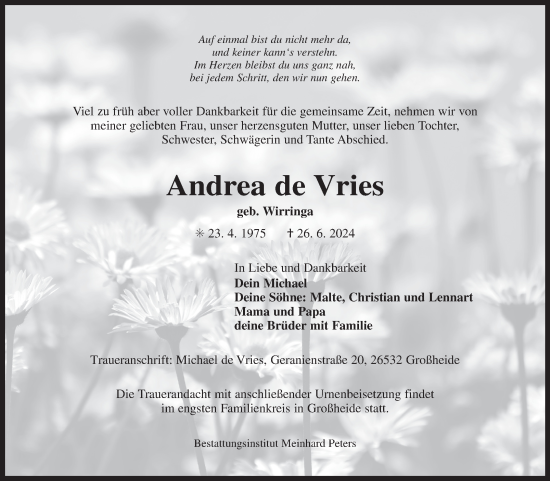 Traueranzeige von Andrea de Vries von Ostfriesischer Kurier GmbH
