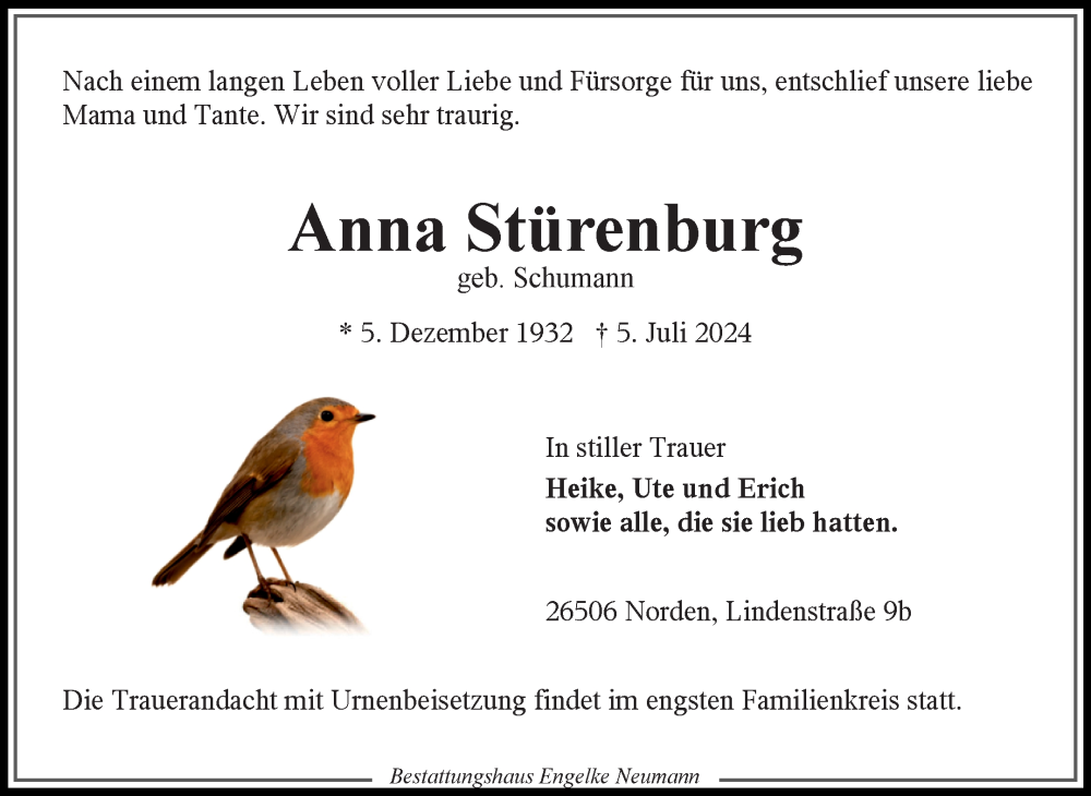  Traueranzeige für Anna Stürenburg vom 13.07.2024 aus Ostfriesischer Kurier GmbH
