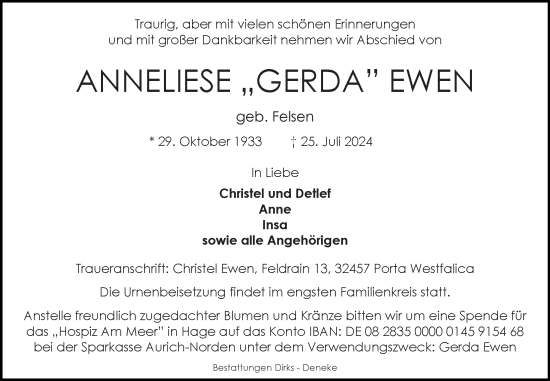 Traueranzeige von Anneliese Ewen von Ostfriesischer Kurier GmbH