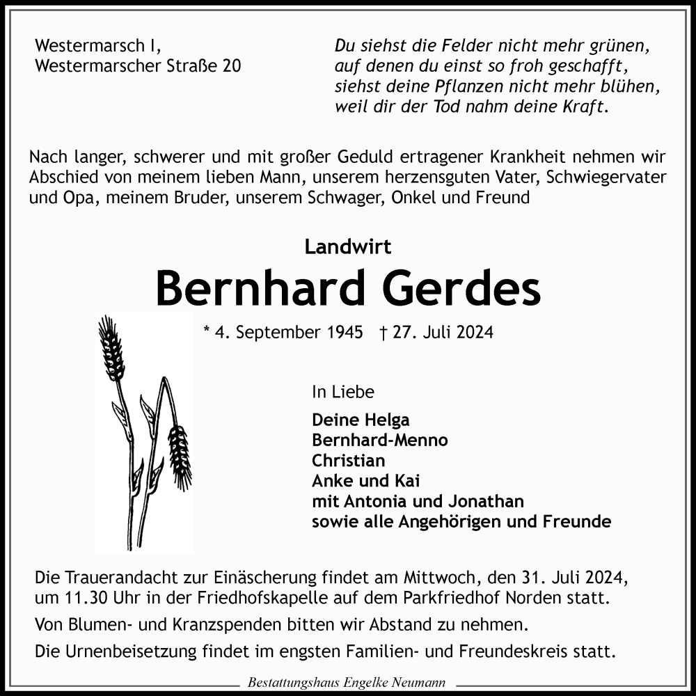 Traueranzeige für Bernhard Gerdes vom 29.07.2024 aus Ostfriesischer Kurier GmbH