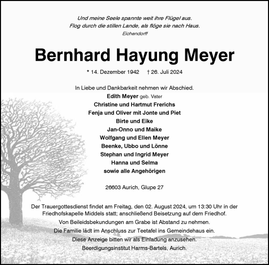 Traueranzeige von Bernhard Hayung Meyer von Ostfriesischer Kurier GmbH