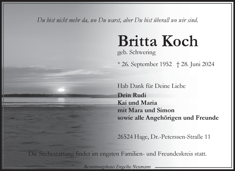  Traueranzeige für Britta Koch vom 05.07.2024 aus Ostfriesischer Kurier GmbH
