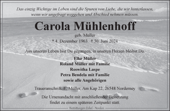 Traueranzeige von Carola Mühlenhoff von Ostfriesischer Kurier GmbH