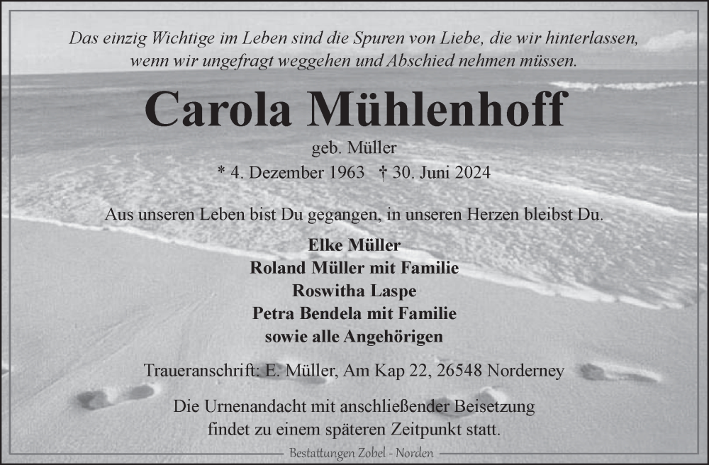  Traueranzeige für Carola Mühlenhoff vom 05.07.2024 aus Ostfriesischer Kurier GmbH