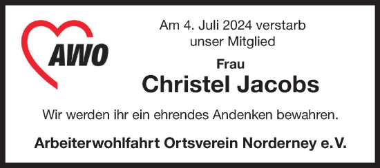 Traueranzeige von Christel Jacobs von Ostfriesischer Kurier GmbH