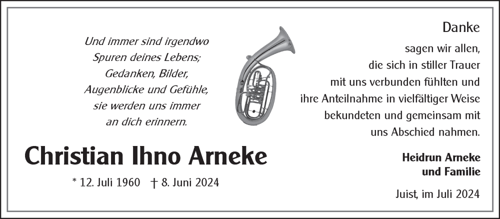  Traueranzeige für Christian Arneke vom 20.07.2024 aus Ostfriesischer Kurier GmbH