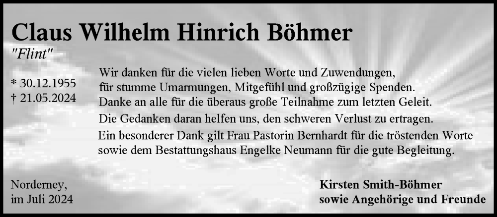  Traueranzeige für Claus Wilhelm Hinrich Böhmer vom 13.07.2024 aus Ostfriesischer Kurier GmbH