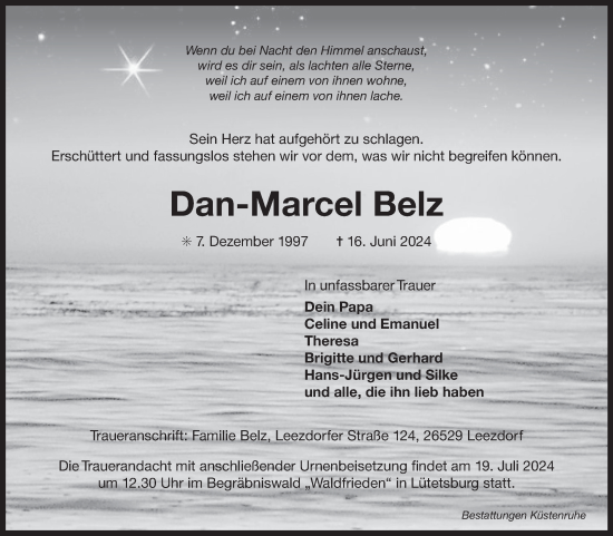Traueranzeige von Dan-Marcel Belz von Ostfriesischer Kurier GmbH