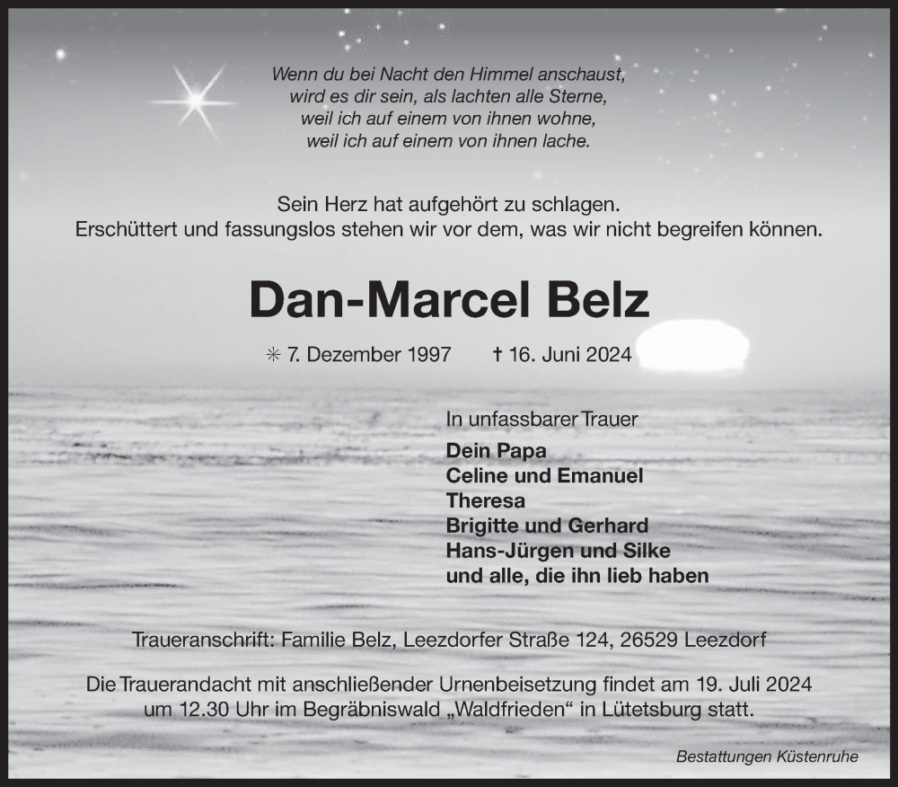  Traueranzeige für Dan-Marcel Belz vom 13.07.2024 aus Ostfriesischer Kurier GmbH