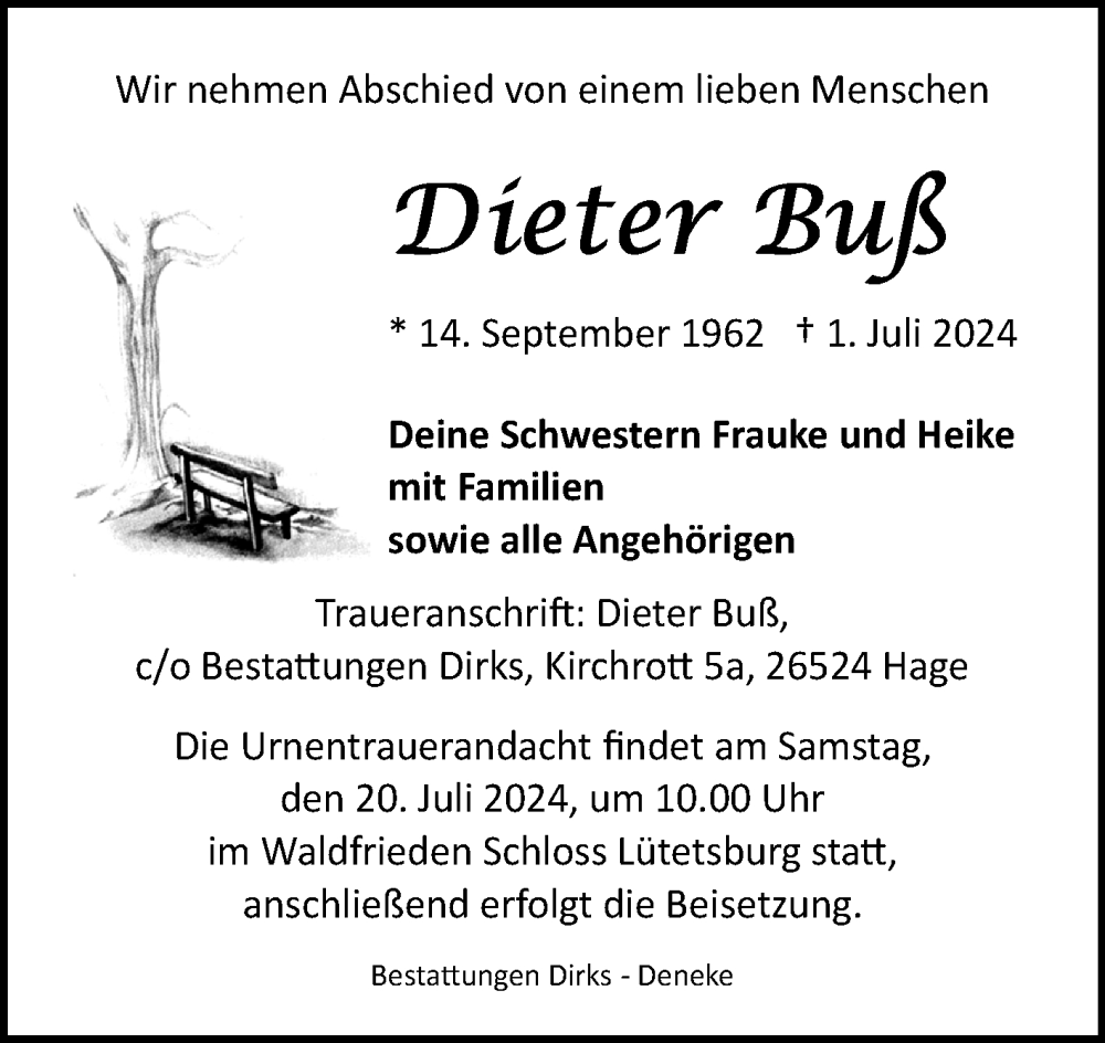  Traueranzeige für Dieter Buß vom 05.07.2024 aus Ostfriesischer Kurier GmbH