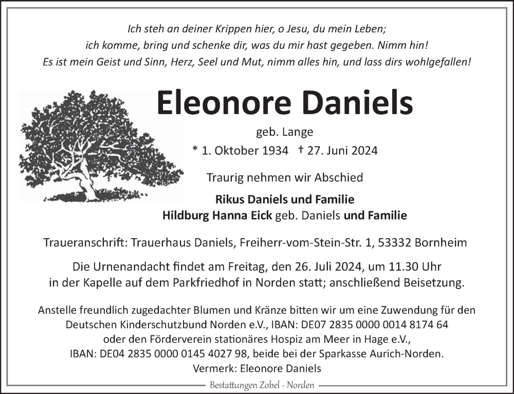  Traueranzeige für Eleonore Daniels vom 05.07.2024 aus Ostfriesischer Kurier GmbH