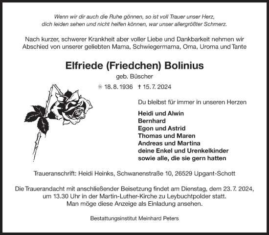Traueranzeige von Elfriede Bolinius von Ostfriesischer Kurier GmbH