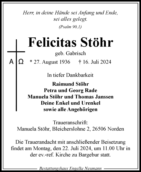 Traueranzeige von Felicitas Stöhr von Ostfriesischer Kurier GmbH