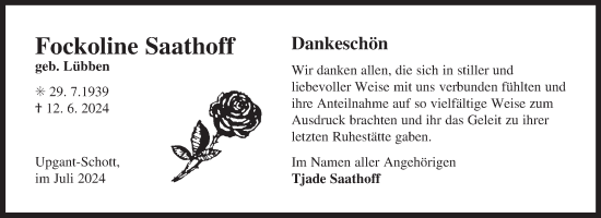 Traueranzeige von Fockoline Saathoff von Ostfriesischer Kurier GmbH