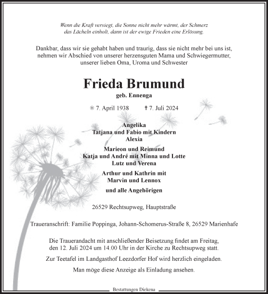 Traueranzeige von Frieda Brumund von Ostfriesischer Kurier GmbH