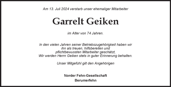 Traueranzeige von Garrelt Geiken von Ostfriesischer Kurier GmbH