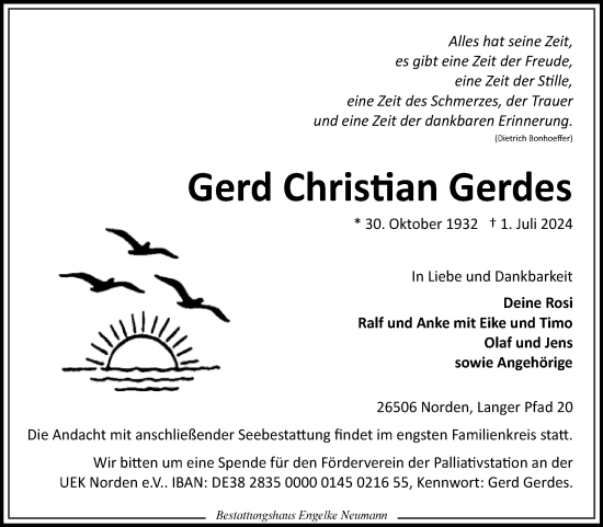 Traueranzeige von Gerd  Gerdes von Ostfriesischer Kurier GmbH